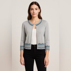 Lafayette 148 New York Metallic Knit Cardigan Size P XS Silver Blue Trim